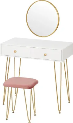 Image de Armoire de toilette à trois miroirs - Commode de chambre moderne - 2 tiroirs - Rose/Or