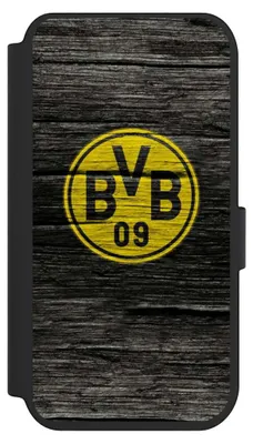 Produktbild von NIVOCASE Klapphülle für Apple iPhone 14 Pro  Handyhülle aus Kunst Leder NIVOflip schwarz BVB Borussia Dortmund Holzoptik