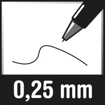 An illustration of a pen tip drawing a line, with the text "0,25 mm" below.