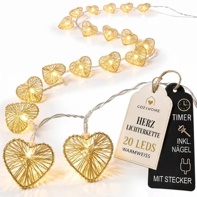 Produktbild von Lichterkette Herz 20 LED Warmweiß 5m Gold Stecker Cobus CozyHome