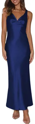 Produktbild von VUBIYA Elegantes Maxikleid für Damen, Satin, V-Ausschnitt, rückenfrei, ärmellos,
