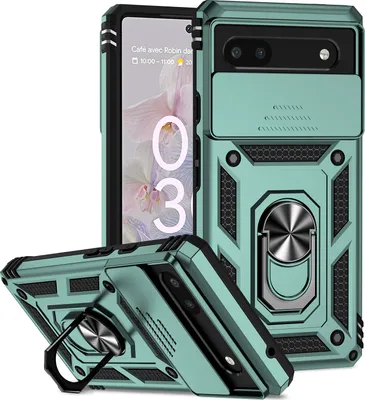 Image de Étui pour Google Pixel 6A étui double couche avec couvercle coulissant pour appareil photo et support annulaire vert