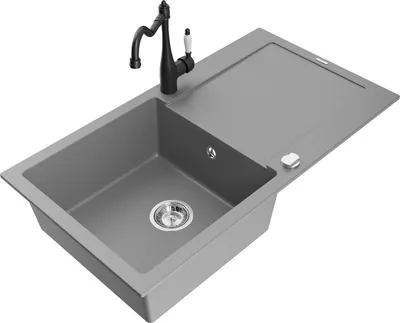 Produktbild von Mexen Leo 1 Becken-Granitspüle mit Abtropffläche und Mischbatterie Carla, Grau - 6501-71-670700-70