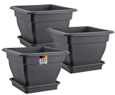 Image de 3x Set de pots de fleurs grand extérieur, pot de fleurs XL avec réservoir d'eau 48x48 cm, pot de plantes et soucoupe, plastique, pots de fleurs pots de plantes, anthracite