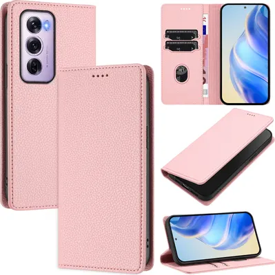 Produktbild von Litchi Leder Handyhülle für Oppo Reno12 Pro Wallet Kartenfächer Standfunktion Hülle Pink
