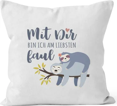 Produktbild von Kissen-Bezug Faultier Mit Dir bin ich am liebsten faul Spruch Pärchen Geschenk Kissen-Hülle Deko-Kissen Baumwolle MoonWorks® weiß unisize