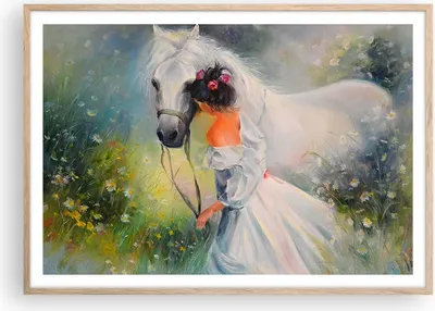 Produktbild von Gerahmtes Poster - Rahmen in heller Eiche - Frau Wiese Pferd - 100x70 cm - Wand Bild - Wanddeko - Wandbilder - Wandposter - Bilderrahmen - Bilder - Kunstdruck - Wandbild - P2NAA100x70-3470