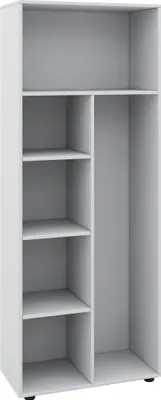 A white storage shelf unit with six compartments, viewed from the front.