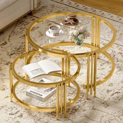 Produktbild von MODFU 2er set Couchtische Rund,Wohnzimmertisch set mit 2 Satztisch Sofatisch,Beistelltisch Gold mit Metallgestell,80×80×45cm