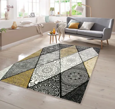 Produktbild von Teppich modern Teppich Wohnzimmer Rauten mit Ornamenten in grau senfgelb creme Größe - 200 x 290 cm