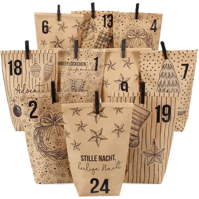 Produktbild von Papierdrachen Adventskalender 2025 zum Befüllen - 24 braune Geschenktüten mit Zahlenaufklebern - Motiv Christmas - DIY - zum Basteln - Weihnachten