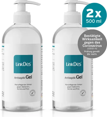 Produktbild von LinkDes® Antiseptik Gel (2x 500 ml), Desinfektionsgel für Hände, getestet, bestätigte Wirksamkeit gemäß EN 14476