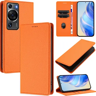 Produktbild von Litchi Leder Handyhülle für Huawei P60 / P60 Pro Wallet Kartenfächer Standfunktion Hülle Orange