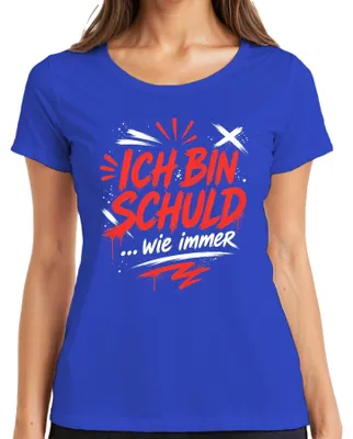Productafbeelding van "Ik ben schuldig, zoals altijd," sarcastisch, grappig, statement T-shirt voor dames, blauw, maat L