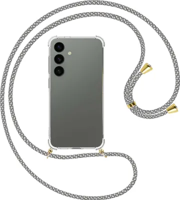 Produktbild von Handykette Backcover-Schutzhülle mit Band (Metall goldfarben) für Samsung Galaxy S24 - weiß/grau kariert