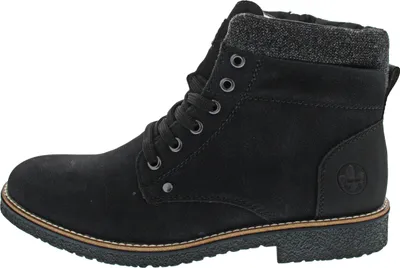 A side view of a black boot.