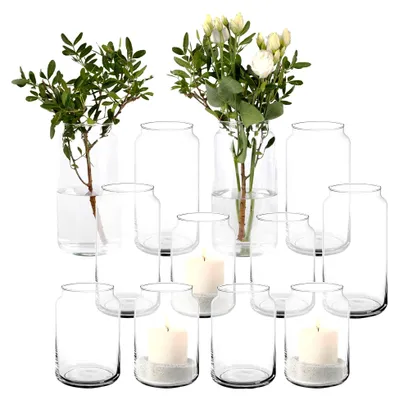 Produktbild von 12er Set Vasen und Windlichter aus Glas, Tischdekoration Kerzenglas Blumenvase Kerzenhalter (6x 20cm hoch & 6x 15cm hoch)