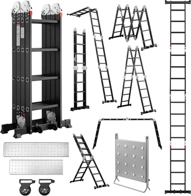 Produktbild von Teeno 7-in-1 Klappleiter aus Aluminium, 4,7 m, mit 2 Plattformen, 2 abnehmbaren Rollen, Arbeitshalterung für Leiter, Gummifüße, Traglast 150 kg