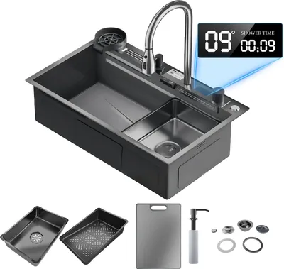 Obrázek produktu pro Kuchyňský dřez – jednokomorový, obdélníkový – nerezová ocel 304 – s baterií – dva otvory – rozměry 75 x 45 cm – černý