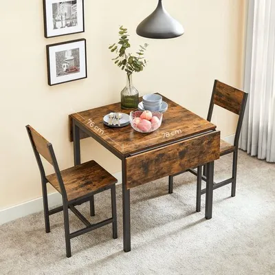 Produktbild von VASAGLE Essgruppe mit 2 ergonomischen Holzstühlen, Holzspanplatte & Stahl, Vintagebraun-Schwarz. Tisch (aufgeklappt 120x78x75 cm, eingeklappt 84.5x78x75 cm), Stuhl (36x46.6x87.1 cm). Leichte Montage.