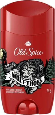 A red Old Spice deodorant stick with a wolf graphic.