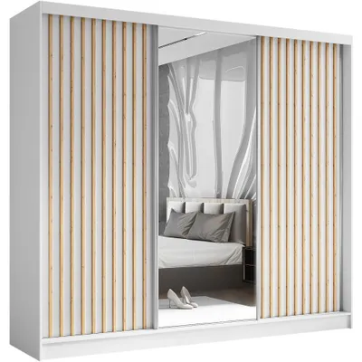 A sliding door wardrobe with a mirrored section reflecting a bedroom interior.
