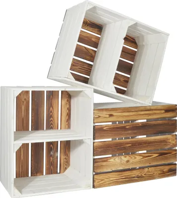 Produktbild von CHICCIE 3 Set Holzkiste Grete Weiß Geflammt Mit Kurzem Regal 50x40x30cm Gehobelt - Holzkisten Obstkisten Weinkisten Regale