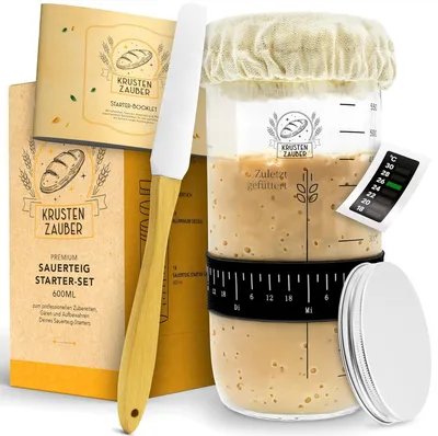 Produktbild von KRUSTENZAUBER Sauerteig Starter Set - 600ml Gärglas mit Spatel u. Thermometer - Brot Backen Zubehör, Sauerteig Glas, Fermentieren, Starter Kit