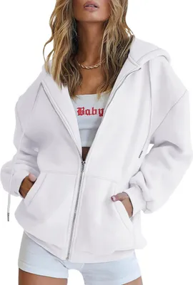 Obrázek produktu pro ASKSA Dámská bunda s kapucí Vintage Oversize Sweat Jacket Zip Hoodie Sweatshirt, bílá, M