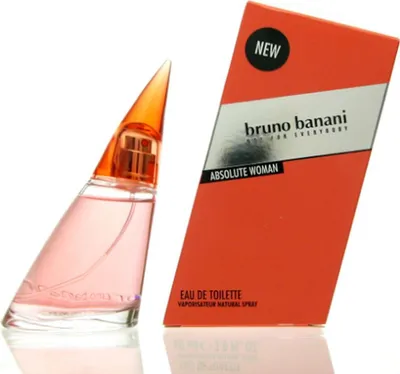 A bottle of Bruno Banani Absolute Woman Eau de Toilette and its packaging are displayed against a white background.