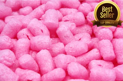 A close-up image of pink packing peanuts.