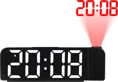 A black digital alarm clock with a projected time display.
