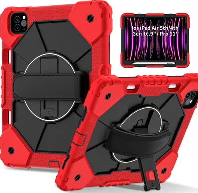 Produktbild von Hülle für iPad Air 5 /Air 4 /iPad Pro 11 2022/2021/2020/2018, iPad 10,9-Zoll Air 5th/4th Gen Tablette Schutzhülle Stoßfeste mit 360 Drehbarer Handschlaufe/Ständer Rot Schwarz