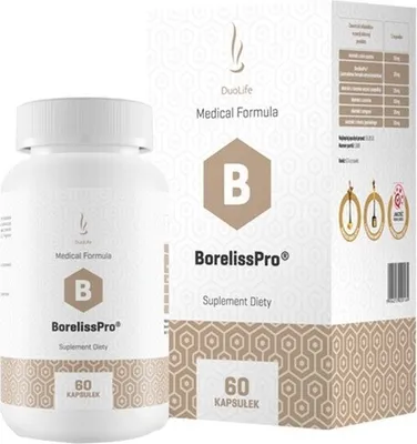 A product shot of a bottle of Duolife Borelisspro supplements next to its packaging.