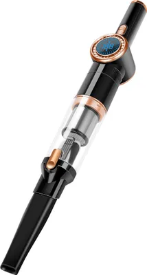 A black and gold handheld vacuum cleaner is shown against a white background.