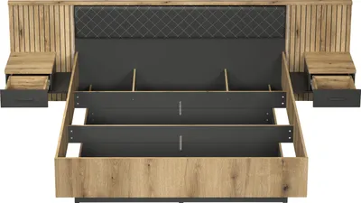 Image de Trendteam Chambre à coucher Ensemble lit Esteban incl. tables de nuit/tête de lit/éclairage, Artisan chêne mélaminé/anthracite, L/H/P 302/97/204