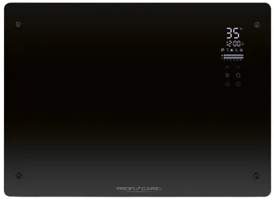 A black glass panel heater with a digital display showing temperature and time.