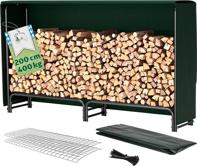A firewood rack filled with logs, with a dark green cover, and accessories shown below.