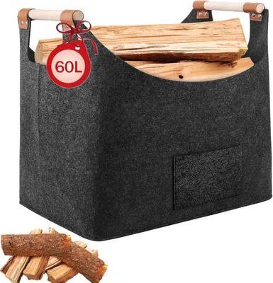 Imagen del producto de Cesta de mimbre para leña, con capacidad de 60 litros, fabricada con fieltro grueso, resistente, ideal para transportar leña y también para hacer compras