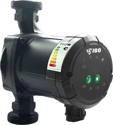 A black electronic circulation pump with an energy efficiency label and control panel.