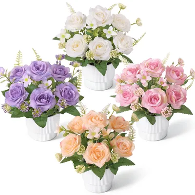 Kunstrosen im Topf, 4er Set, 15 cm, Seidenblumen, künstlich