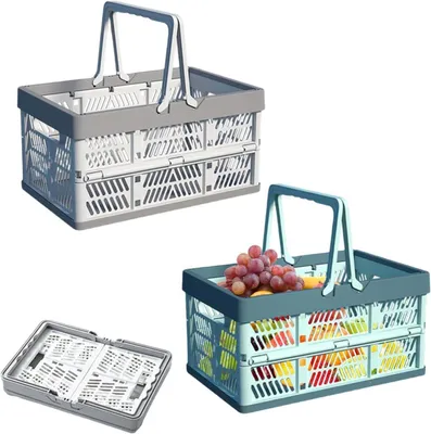 Image de Boîtes de rangement pliables, en plastique avec poignée, lot de 2, pour une utilisation à la maison et en camping