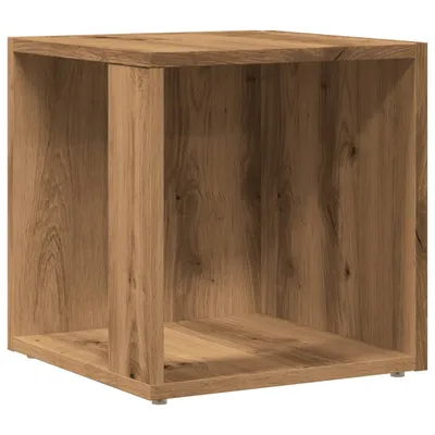 A cube-shaped side table with an open front and back, made of wood-effect material.