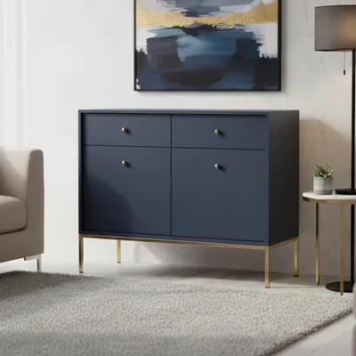 Produktbild von RAVIO Stilvolle Kommode Bari KSZ104 Sideboard zwei Schubladen und zwei Türen Wohnzimmer Anrichte (Dunkelblau + Goldene Beine)