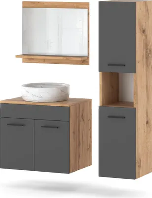 Zdjęcie produktu dla Zestaw Łazienkowy 90Cm Loft Szafka Z Umywalką Lustro Słupek Wotan Szary