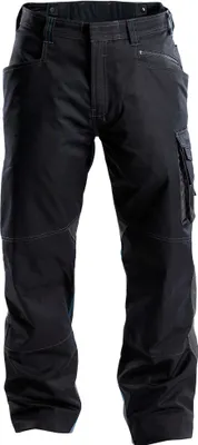 A pair of black work pants with gray accents is shown against a white background.