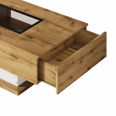 Produktbild von okwish Couchtisch Rechteckig, LED Beistelltisch für Schlafzimmer, Wohnzimmertische mit Stauraum fürs Wohnzimmer, Beistelltisch mit Glas und zwei Schubladen, Natur