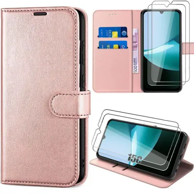 Image de Coque + 2 Verres Trempés pour Xiaomi Redmi 15C 4G/5G, Protection Anti-Rayures Antichoc Effet Cuir Rose
