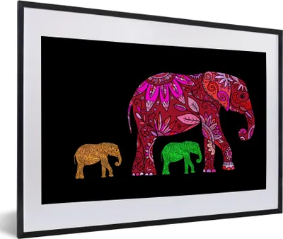 Produktbild von MuchoWow® MuchoWow® Gerahmtes Poster Elefanten - Muster - Blumen - Pflanzen 60x40 cm - Poster mit zchwarzem Bilderrahmen - Schlafzimmer - Plakat in Rahmen - Drucken