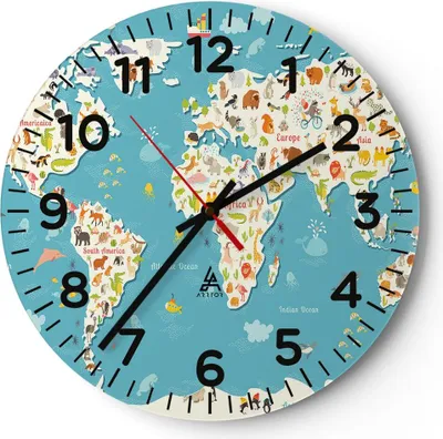 Produktbild von Wanduhr - Rund - Glasuhr - Geographie Globus Grafik Illustration - 30x30cm - Schleichendes Uhrwerk - Lautlos - zum Aufhängen bereit - Dekoration Modern - Wanddekoration aus Glas - C4AR30x30-3106